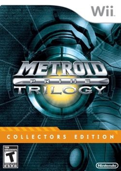 In the background, a person in a big, futuristic-looking powered suit with a helmet, large, bulky, and rounded shoulders, points its firearm on the right arm towards the viewer. In the center of the image is the title "Metroid Prime Trilogy". At the upper right corner is the Wii logo, and in the bottom of the image, are the words "Collector's Edition" in an orange rectangle, Nintendo's logo, and ESRB's rating of "T".