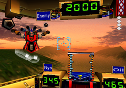 A huge robot that looks like a Kabuki performer facing the player, who is inside the cockpit of another robot, a sunset background, meters inside the cockpit reading "Enemy 2000", "Ryo 345", "Oil 465"
