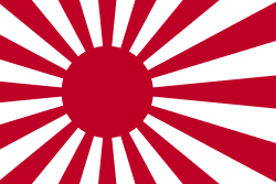 Stylized flag with a solid red circle offset to the left on a white background, with sixteen red rays extending to the flag's edges.