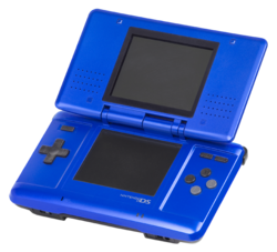 An open, electric blue original Nintendo DS system.