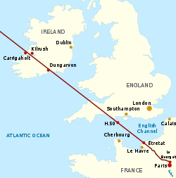 Simplified map of northwestern France and the United Kingdom, showing a line indicating the direction of flight from Paris, northwest across southwestern England and then Ireland.