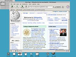 A screenshot of OpenWindows running the Mozilla web browser open to the front page of the English Wikipedia. The default DeskSet tools appear at the bottom of the screen.