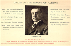 A card with a back and white picture of President Wilson looking serious in the centre and dates with their significance to the League of Nations around the side