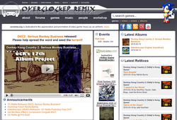 Screenshot of OverClocked ReMix's homepage from 2010, showing the website's page layout including its logo, site navigation, active forum topics, and latest ReMixes (musical arrangements).