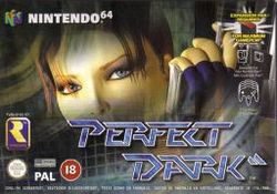 A red headed woman's face occupies the foreground on an industrial-style background. She is holding a gun. A grey alien is visible at the bottom right corner. In the bottom of the image, the title "Perfect Dark" featuring a double slash symbol after the word "Dark". Rareware's logo, Nintendo' Seal of Quality, BBFC's rating of "18", and the Dolby Surround Sound logo are shown at the bottom left corner. On the right side of the image, game specifications.