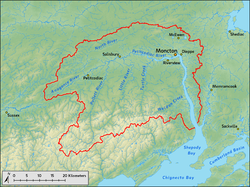 A map shows the course of the river and its tributaries, in addition to the location of its drainage area in southern New Brunswick.