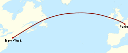 A simplified map of the northern Atlantic, showing a curved Great Circle route from Paris to New York