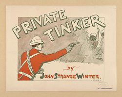 A man in bright red uniform points a pistol at two men hiding behind bushes. It is accompanied by the text "Private Tinker by John Strange Winter".