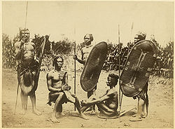 Zande men with shields, harp