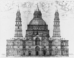  An engraved picture showing an immensely complex design for the facade, with two ornate towers and a multitude of windows, pilasters and pediments, above which the dome rises looking like a three-tiered wedding cake.