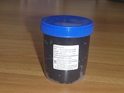 A plastic container with a blue lid contains a dark substance