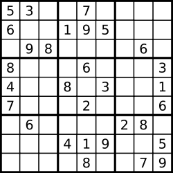 A typical Sudoku puzzle grid, with nine rows and nine columns that intersect at square spaces. Some of the spaces are pre-filled with one number each; others are blank spaces for a solver to fill with a number.