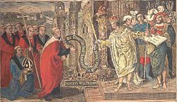 An engraving, which is a 17th century copy, of an earlier painted Tudor mural in Chichester cathedral depicting Cædwalla confirming the granting of land to Wilfrid to build his monastery in Selsey