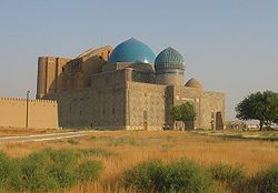 View of the Mausoleum of Khoja Ahmed Yasawi in Turkestan, Kazakhstan.