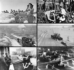 Clockwise from top left: Commonwealth troops in the desert; Chinese civilians being buried alive by Japanese soldiers; Soviet forces during a winter offensive; Carrier-borne Japanese planes readying for take off; Soviet troops fighting in Berlin; A German submarine under attack.