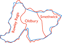 Map of the County Borough of Warley. The boundary of Warley is shown in blue and of the constituent boroughs in red.