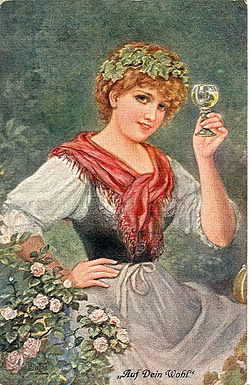 A postcard featuring a lady toasting the reader