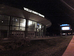 Exterior of Wells Fargo Theatre. Viewed at night from the Speer and Stout intersection