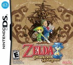 The text "Nintendo DS" written on the left side and slanted vertically. The title, "The Legend of Zelda: Phantom Hourglass" is written in the center-bottom. A young boy, Link, and a ship captain stand in front of a ghostly ship.