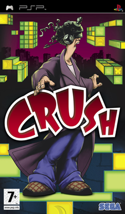 The game's cover shows the word "CRUSH" with the main character, Danny, dressed in a bathrobe and wearing a strange helmet, amid floating blocks of various colors and sizes.