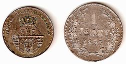 obverse of a 5 groszy and reverse of a 1 złoty coins