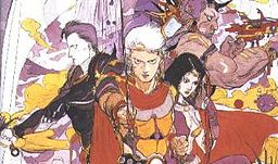 A watercolor painting of four warriors. The leftmost is a pale man with dark gray hair facing left, the next one is a white-haired man with a billowing red cape holding a sword and facing the viewer, the third is a black-haired woman looking to the right in three-quarters view and holding a bow, and the rightmost is a large man with a helmet holding up his fists and facing right. Clouds and an airship are in the background.