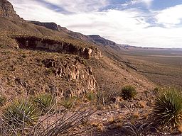 the western edge of the Sacramento Mountains, looking to the south toward Texas. Alamogordo lies behind us, at the foothills of the Sacramentos. To the right, the Tularosa Basin and White Sands are surrounded by other mountain ranges, including the Organ Mountains, farther west. The crest of the Sacramento Mountains is forested, sloping east toward the plains farther east.