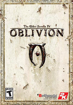 Against a plain face of aged and scratched marble, the title of the game is embossed in metallic font. At the center of the frame, in the same style as the title, is an uneven runic trilith with a dot in its middle. Icons representing the developer, publisher, and content rating are placed along the bottom of the frame.