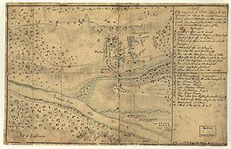 A stained and discolored manuscript sketch. The two man roads of Trenton run parallel north-south, with the bridge over Assunpink Creek just to the south.  Further south and west the wide Delaware River is shown.  The American force indicators are shown moving along two roads that approach Trenton from the northwest; some forces move across the bridge to the southeast side of the creek, while others envelop the Hessian forces attempting to form up to the east of the town.