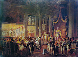 Painting showing the crowned emperor standing before the throne in a columned hall and grasping a scepter with a crowd of dignitaries assembled below.