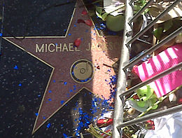 A pink star with a gold color rim, with the writing "Michael Jackson". The star is covered by barriers and flowers.