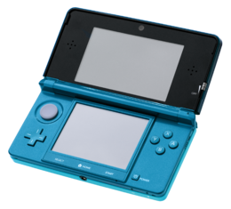 An open aqua-blue Nintendo 3DS system.