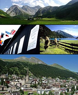 Davos - Top: View of the Sertig Valley, Middle left: World Economic Forum congress centre, Middle right: Lake Davos, Bottom: View over Davos