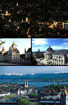 Zurich - Top: Night view of Zurich from Üetliberg, Middle left: National Museum, Middle right: Swiss Federal Institute of Technology, Bottom: View over Zurich and the lake.