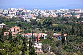 Chios Town, as seen from the south (Spilathia), with the islands of Oinousses in the background.
