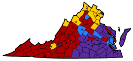 Virginia counties colored either red, blue, yellow, green, or purple based on the populations most common ancestry. The south-east is predominately purple for African American, while the west is mostly red for American. The north has yellow for German, with two small areas green for Irish. Yellow is also found in spots in the west. A strip in the middle is blue for English.