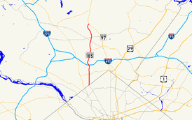 A map of southern Montgomery County in Maryland showing major roads.  Maryland Route 185 connects Washington, D.C. with Chevy Chase, Kensington, and Aspen Hill.