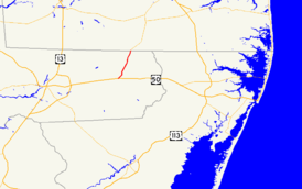A map of the northern part of the lower Eastern Shore of Maryland showing major roads.  Maryland Route 354 runs from Pittsville north to the Delaware state line.