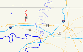 A map of central Washington County, Maryland showing major roads.  Maryland Route 57 runs north-south west of Conococheague Creek.