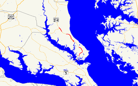 A map of Calvert County, Maryland showing major roads.  MD 765 consists of multiple sections along MD 2 throughout the county, with the three longest sections highlighted on the map.