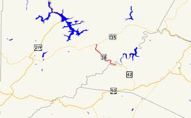 A map of southern Garrett County, Maryland showing major roads.  Maryland Route 38 connects Kitzmiller with MD 135.