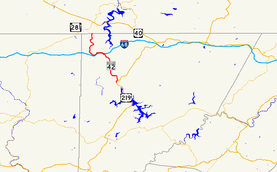 A map of northern Garrett County, Maryland showing major roads.  Maryland Route 42 connects Friendsville with US 219 near Deep Creek Lake.