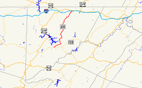 A map of far western Maryland showing major roads.  Maryland Route 495 connects MD 135 with I-68 and US 40 Alt. in central Garrett County.