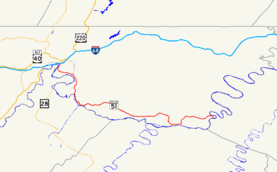A map of eastern Allegany County, Maryland showing major roads.  Maryland Route 51 connects Cumberland and Paw Paw, WV.