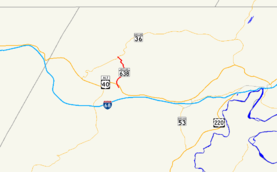 A map of northwestern Allegany County, Maryland showing major roads.  Maryland Route 638 is the local road connecting Echhart Mines and Mount Savage.