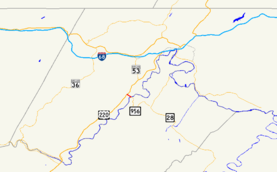 A map of western Allegany County, Maryland showing major roads.  Maryland Route 956 connects US 220 and WV 28 via WV 956.