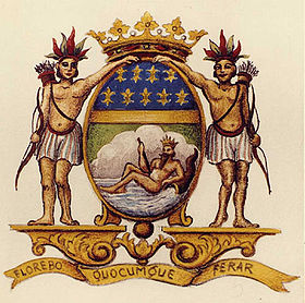 The French East India Company's coat of arms, with its moto : "Florebo quocumque ferar" (i will flourish wherever I will be brought."