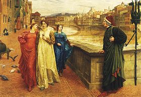 On a bridge a man dressed in black (Dante) looks at three women walking along a street; the central women (Beatrice) looks straight ahead, while the other two look towards Dante