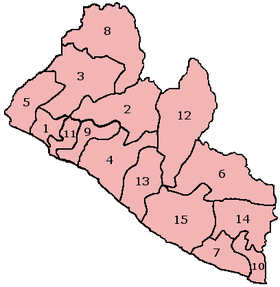 A clickable map of Liberia exhibiting its fifteen counties.
