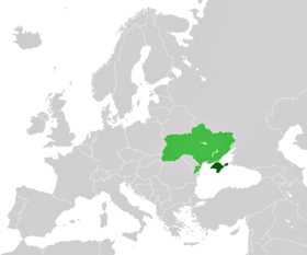 Location of Crimea (dark green) with respect to Ukraine (light green) on a map of Europe.